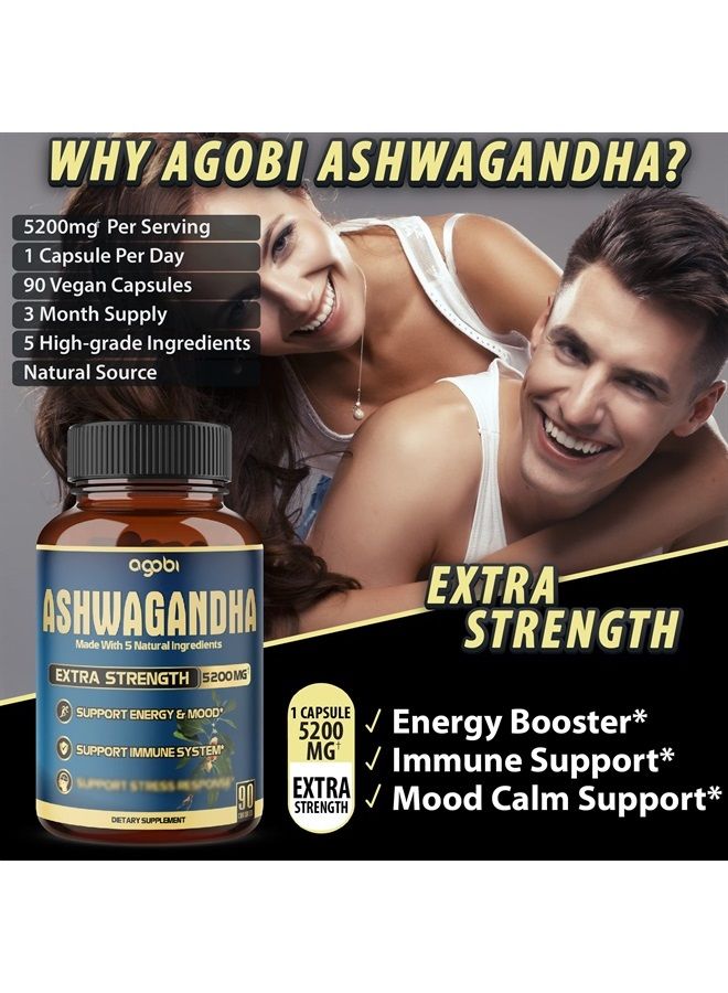 Ashwagandha Extract Capsule - Great Strength 5200mg of Powder - 5in1 Blended Ginger, Turmeric, Rhodiola Rosea & Black Pepper - 90 Capsules for 3 Months - Strength, Spirit & Immune Support