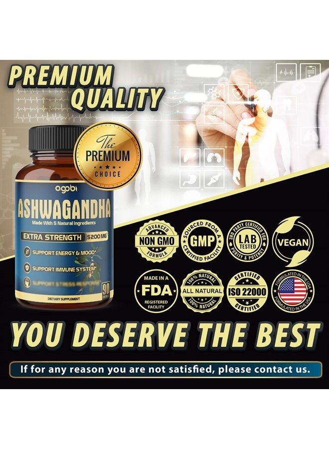 Ashwagandha Extract Capsule - Great Strength 5200mg of Powder - 5in1 Blended Ginger, Turmeric, Rhodiola Rosea & Black Pepper - 90 Capsules for 3 Months - Strength, Spirit & Immune Support