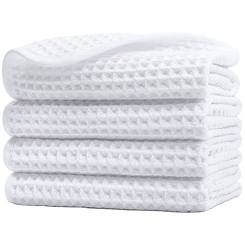 Polyte Microfiber Lint Free Washcloth Face Towel, 13 x 13 in, 4 Pack (White, Waffle Weave)