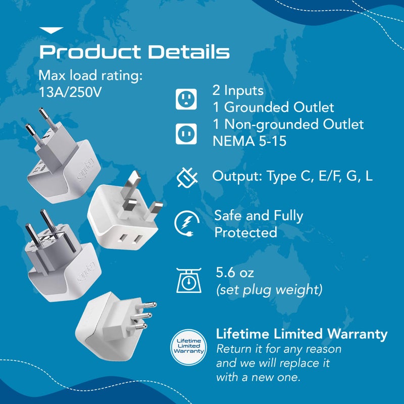 Ceptics European Plug Adapter 4 Pack Set, USA to Europe, Italy, Germany, England, Spain, Italy, Iceland, France (Type C, E/F, G, L) - for Your Cell Phones, Tablets, iPhone, Camera (CT-EU-4SET) - Image 2