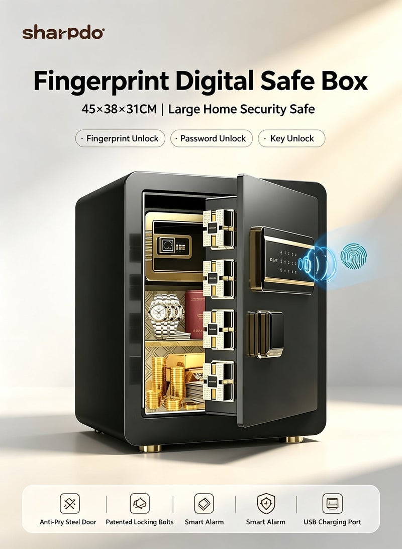 Sharpdo Fingerprint Digital Safe Box & Locker 45x38x31CM, Large Home Security SafeAnti-Theft Home Security Safe with Password/Key Unlock, Reinforced Steel Pry-Resistant Safe for Cash Documents Jewelry - Image 1