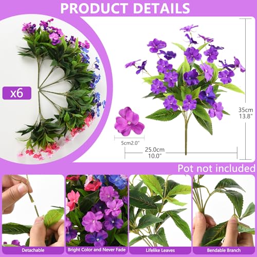 ZFProcess Artificial Impatiens Flowers for Outdoors, 6 Bundles Multicolor Silk Fake Flowers for Spring Summer Decoration, UV Resistant Faux Plants Plastic Bouquet for Home Planter Porch Patio Yard Decor - Image 2