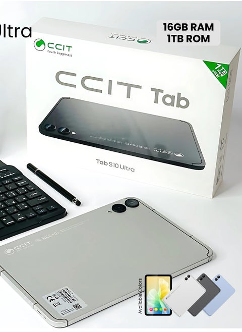 CCIT Tab S10 Ultra Android 13 Tablet, 10.1" IPS LCD Screen, 16-Core Processor, 16GB RAM, Dual SIM 5G, 8+16MP Camera, 10000mAh Battery, 1TB TF Connectable with Keyboard, Mouse, Stylus and Case (Silver)