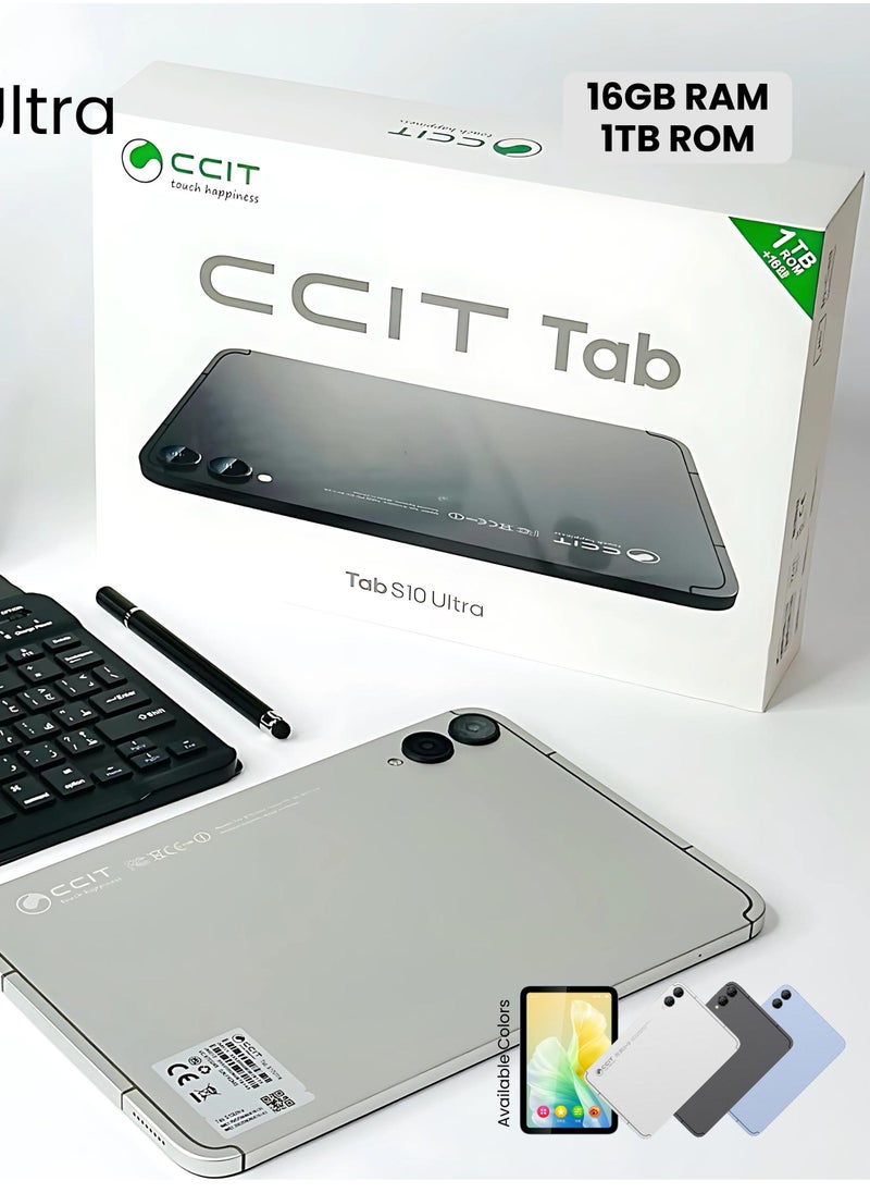 CCIT Tab S10 Ultra Android 13 Tablet, 10.1" IPS LCD Screen, 16-Core Processor, 16GB RAM, Dual SIM 5G, 8+16MP Camera, 10000mAh Battery, 1TB TF Connectable with Keyboard, Mouse, Stylus and Case (Silver)