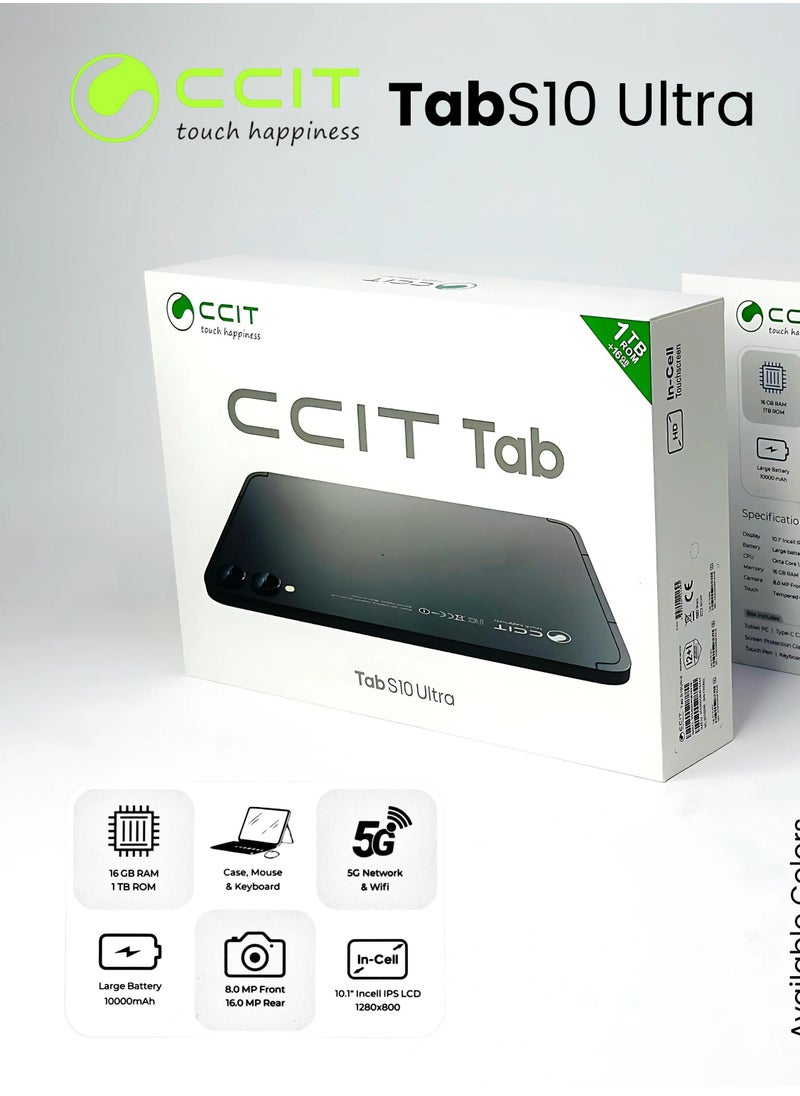 CCIT Tab S10 Ultra Android 13 Tablet, 10.1" IPS LCD Screen, 16-Core Processor, 16GB RAM, Dual SIM 5G, 8+16MP Camera, 10000mAh Battery, 1TB TF Connectable with Keyboard, Mouse, Stylus and Case (Silver)