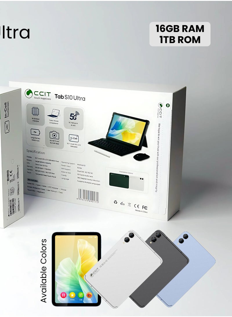 CCIT Tab S10 Ultra Android 13 Tablet, 10.1" IPS LCD Screen, 16-Core Processor, 16GB RAM, Dual SIM 5G, 8+16MP Camera, 10000mAh Battery, 1TB TF Connectable with Keyboard, Mouse, Stylus and Case (Silver)