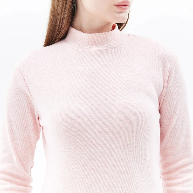 Defy's Women's Stand Collar Long Sleeve T-Shirt Pink Melange