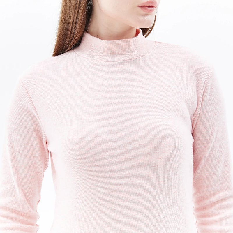 Defy's Women's Stand Collar Long Sleeve T-Shirt Pink Melange  - Image 3