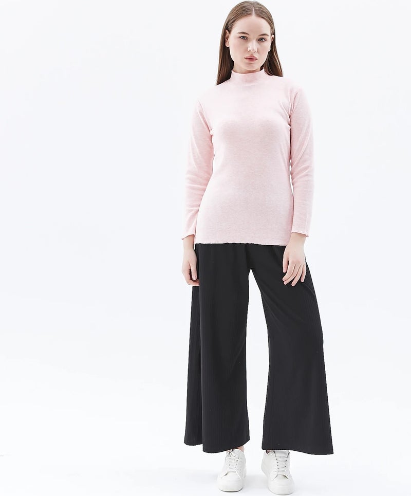 Defy's Women's Stand Collar Long Sleeve T-Shirt Pink Melange  - Image 1