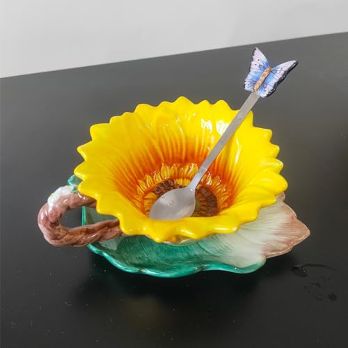 FORLONG Ceramic Coffee Mug and Saucer set with Spoon,3D Handmade and Hand-painted Sunflower and Leaf Design Tea Mug, Birthday Gifts for Women- 6oz - Image 4