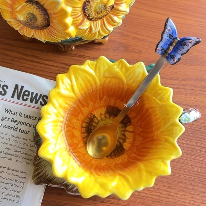 FORLONG Ceramic Coffee Mug and Saucer set with Spoon,3D Handmade and Hand-painted Sunflower and Leaf Design Tea Mug, Birthday Gifts for Women- 6oz - Image 2