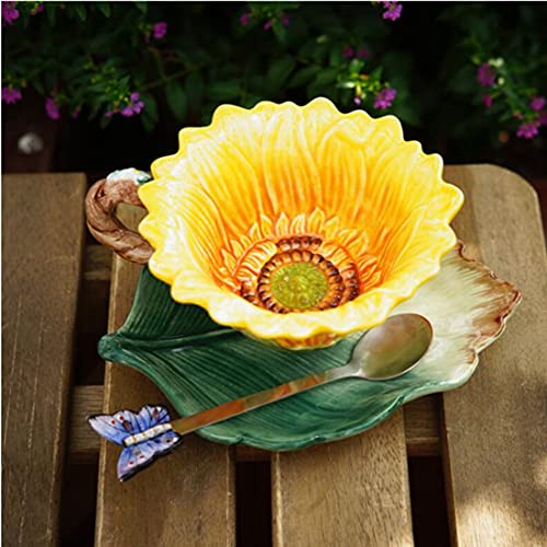 FORLONG Ceramic Coffee Mug and Saucer set with Spoon,3D Handmade and Hand-painted Sunflower and Leaf Design Tea Mug, Birthday Gifts for Women- 6oz - Image 5