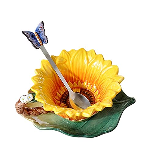 FORLONG Ceramic Coffee Mug and Saucer set with Spoon,3D Handmade and Hand-painted Sunflower and Leaf Design Tea Mug, Birthday Gifts for Women- 6oz - Image 1