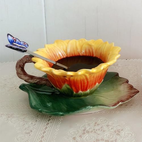 FORLONG Ceramic Coffee Mug and Saucer set with Spoon,3D Handmade and Hand-painted Sunflower and Leaf Design Tea Mug, Birthday Gifts for Women- 6oz - Image 3