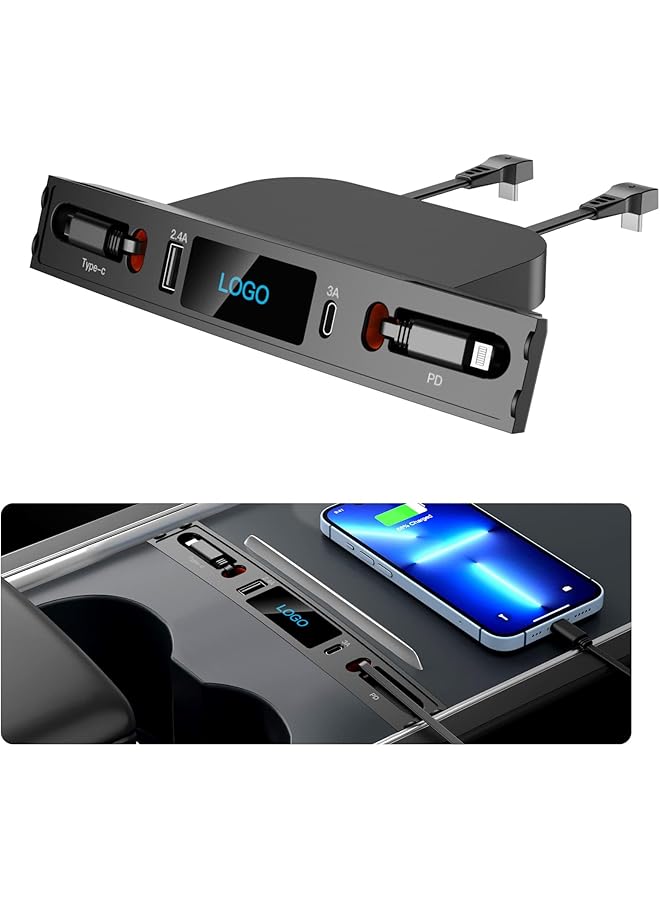 KASTWAVE Car Usb Charger Multi Port For 2021 2022 2023 Tesla Model 3/Y | Tesla Usb Hub With Blue Led Light | Tesla Model 3/Y Accessories 100% Fit Center Console Adapter | Tesla Phone Charger - Image 1