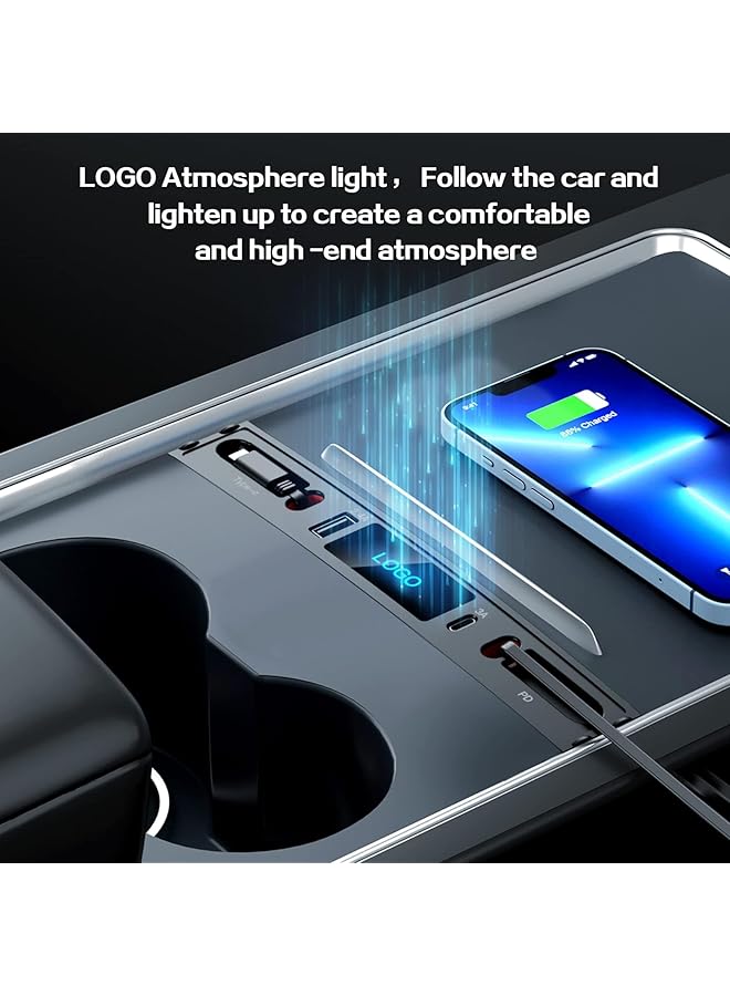 KASTWAVE Car Usb Charger Multi Port For 2021 2022 2023 Tesla Model 3/Y | Tesla Usb Hub With Blue Led Light | Tesla Model 3/Y Accessories 100% Fit Center Console Adapter | Tesla Phone Charger - Image 4