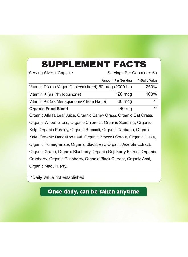 Organic Earth Vitamin D3+K2 with Organic Spirulina, Maqui Berries & Kale 60 Capsules  - Image 2