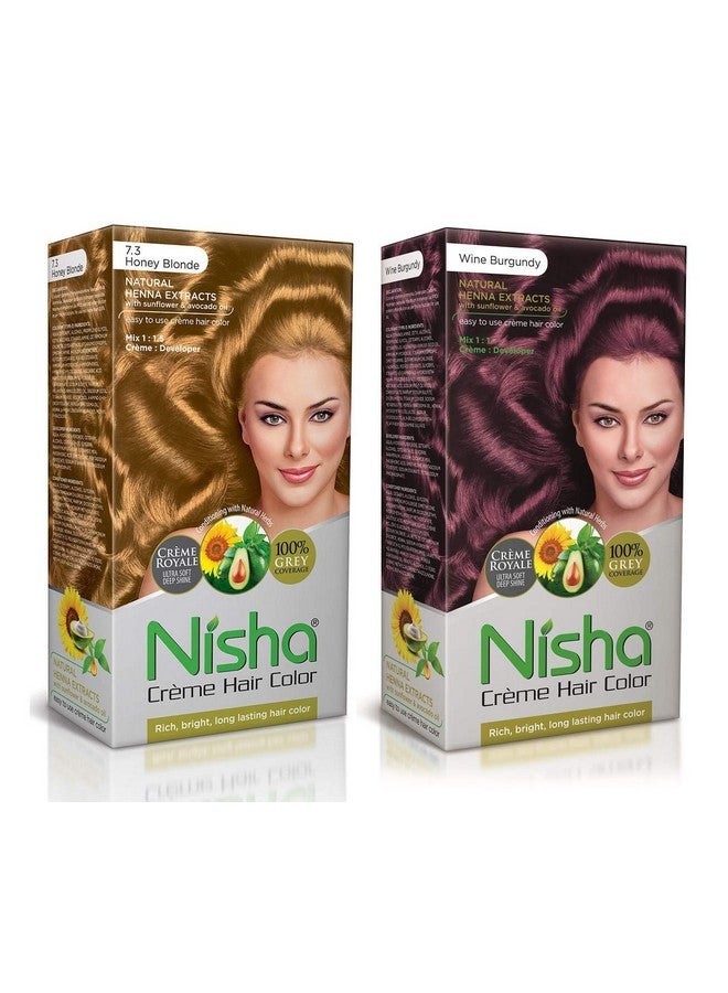 Nisha Cream Hair Color Rich Bright Long Lasting Hair Colouring For Ultra Soft Deep Shine 100% Grey Coverage Conditioning With Natural Herbs Honey Blonde And Wine Burgundy (Pack Of 2) - Image 1
