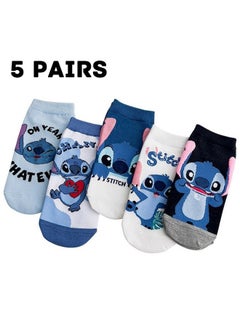 الضفدع الحقيقي 5 أزواج من الجوارب القصيرة من Lilo & Stitch، جوارب قطنية لطيفة برسومات كرتونية، جوارب صيفية منخفضة القطع حتى الكاحل  - Image 1