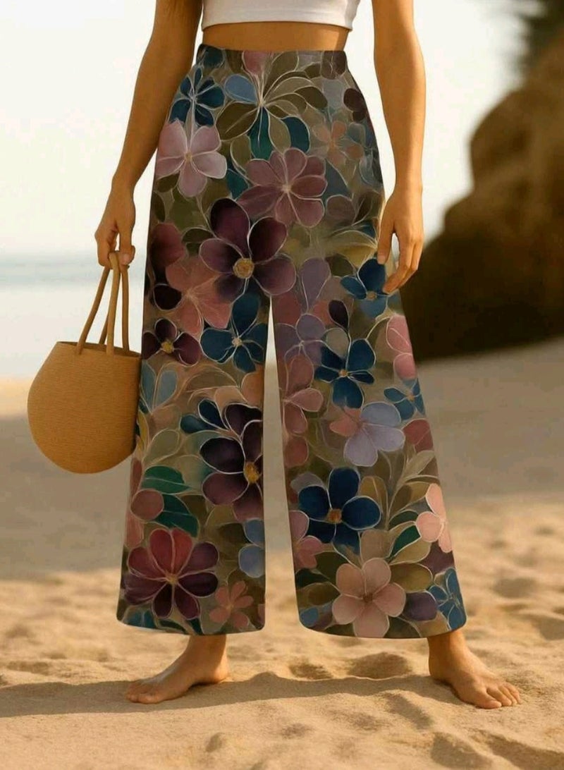Women plazzo floral print flare pants for summer colorful 