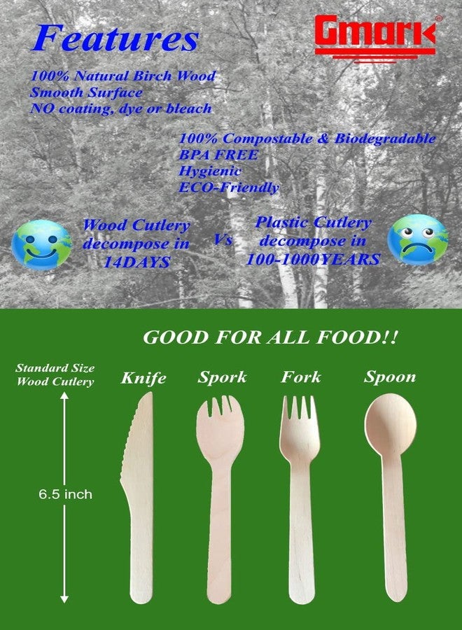 Gmark 100 ct Wooden Spoons, 6.5" Length, No Plastic Earth-Friendly, Disposable Biodegradable Wooden Cutlery, Green Product (Bag of 100pcs) GM1045 - Image 2