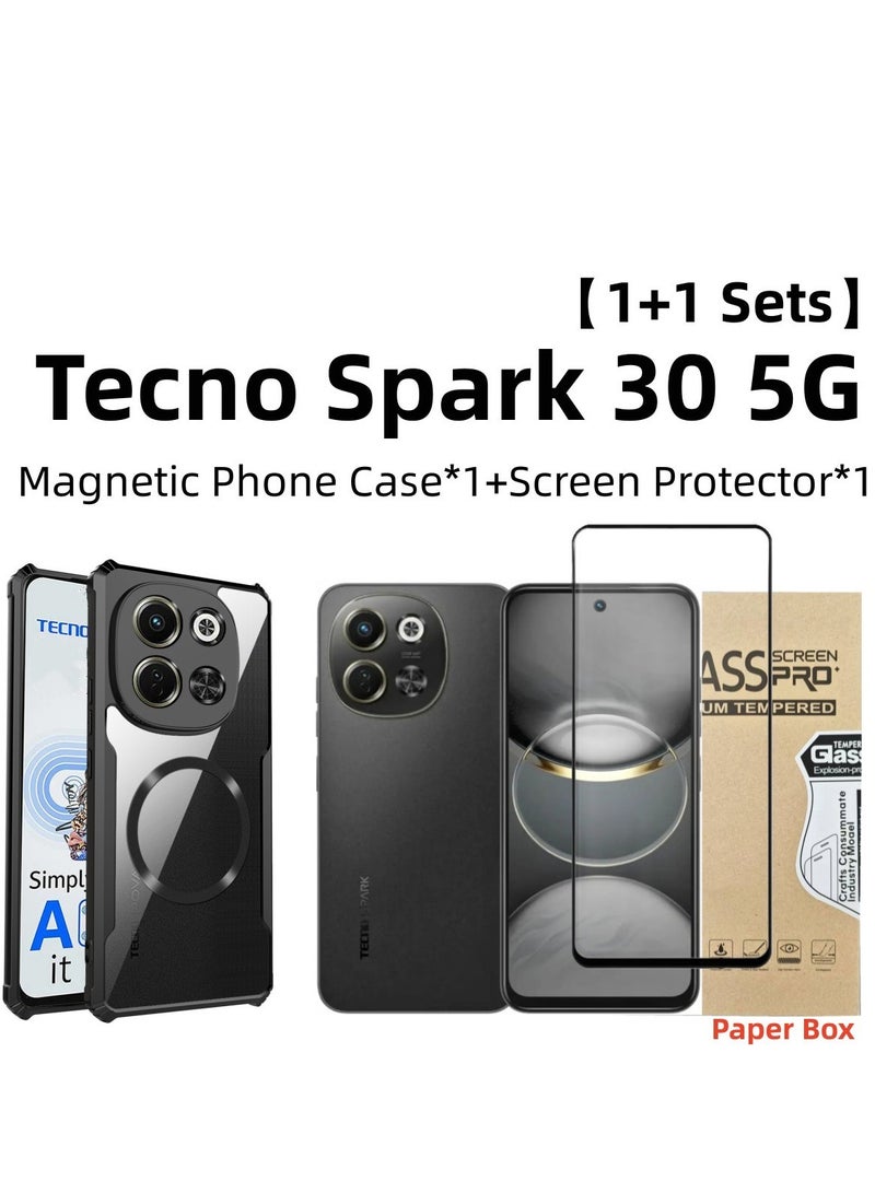 [1+1 مجموعات] غلاف وواقي شاشة لتكنو سبارك 30 5G مع وظيفة مضادة للسقوط زجاج مقسى مقاوم للخدش زجاج عالي النفاذية مغناطيسي لسيارة الهاتف - Image 1