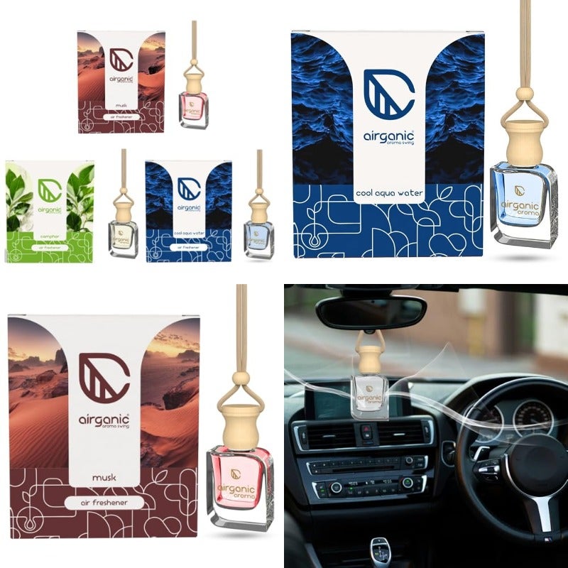 Airganic Swing Prime Car Perfume Hanging Pod Musk Camphor Cool Aqua Water Pack 3 Car Air Freshener Natural Essential Fragrance Oils in Glass Bottle with Wooden Diffuser Lid Last Upto 60 Days - Image 1