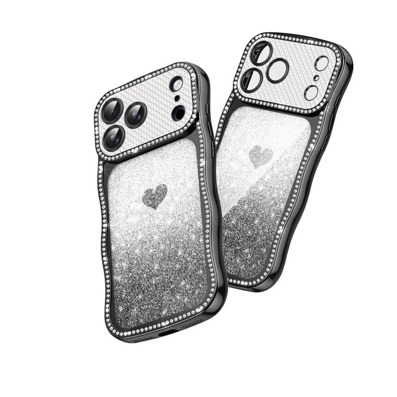 غطاء واقي بTPU لـ iPhone 16 / 16 Plus / 16 Pro / 16 Pro Max مع حماية من السقوط وموجة ماسية نجمية مطلية بالكهرباء مع مقاوم للصدمات مع لمعان قلوب مع حماية كاملة للعدسة باللون أسود م. - Image 1