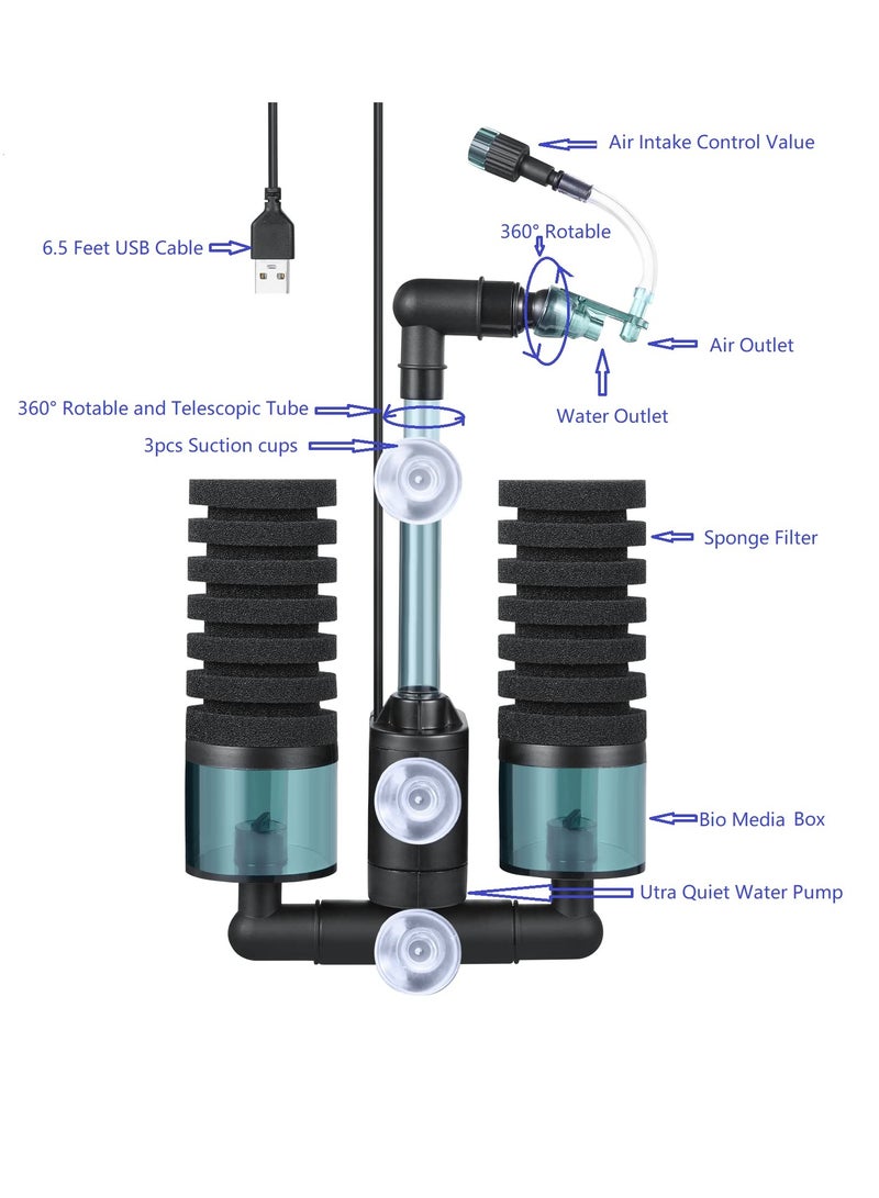 SYOSI فلتر إسفنجي لحوض السمك مع مضخة مياه فائقة الهدوء وكرات سيراميك صغيرة 3 في 1، فلتر كهربائي صامت لحوض السمك، مضخة أكسجين IPX8 مقاومة للماء لحوض تربية الأسماك والروبيان بسعة 15-50 جالونًا - Image 3
