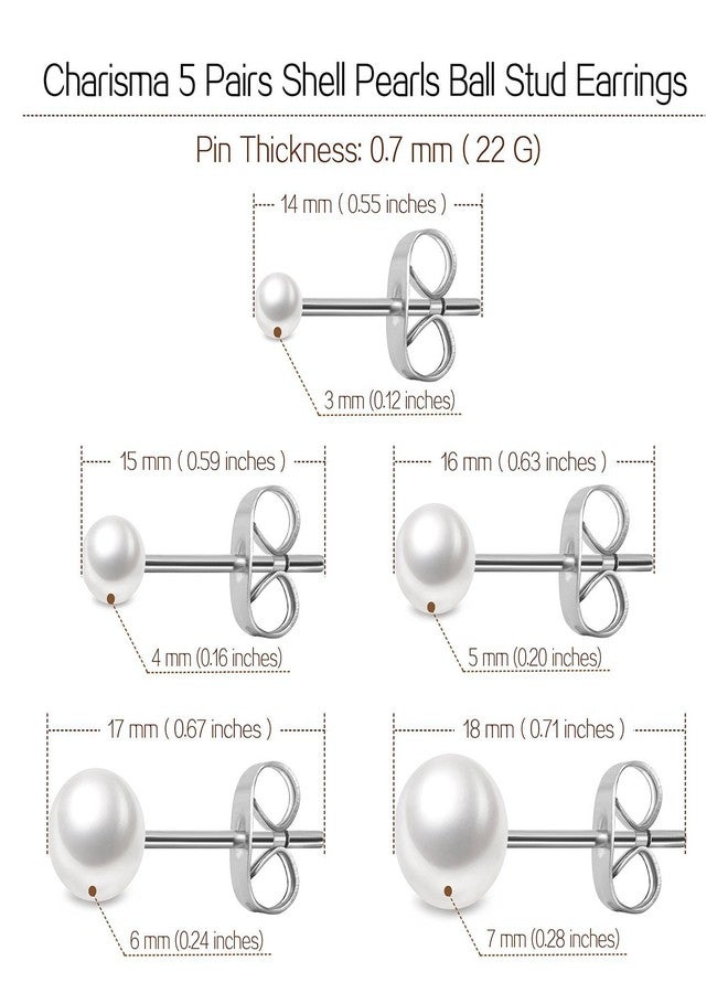 Charisma 3-7mm Composite Pearl Earrings Round Ball Pearls Stud Earrings Hypoallergenic 5 Pairs Mixed Sizes Imitation Pearl Earrings Set for Women - Image 4