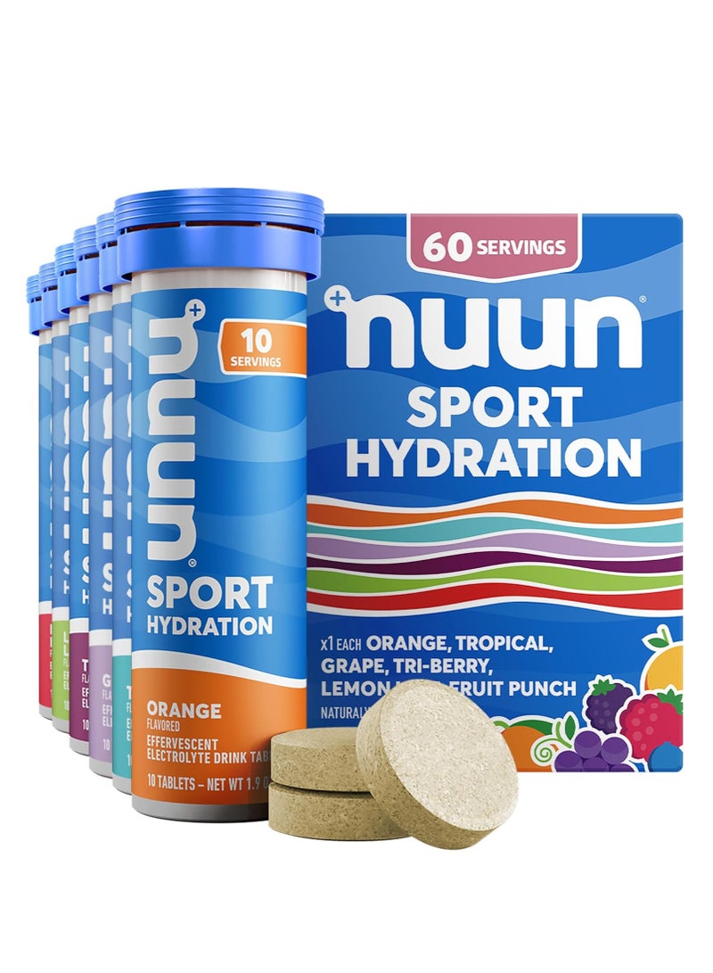Nuun Sport Electrolyte Tablets - Dissolvable in Water, Variety Pack, 5 Essential Electrolytes for Hydration, 1g Sugar Drink Mix, Vegan, Non-GMO, 6 Pack (60 Total Servings)