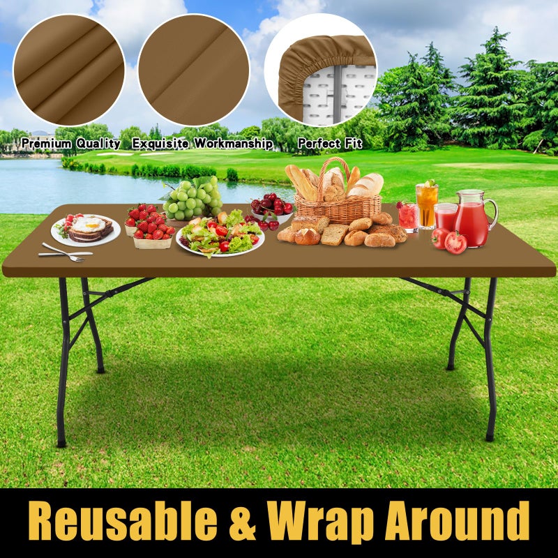 Smiry Rectangle Picnic Table Cloth, Waterproof Elastic Fitted Tablecloths for 6 Foot Tables, Washable Polyester Table Cover for Camping, Indoor and Outdoor (Brown, 30"x72") - Image 5