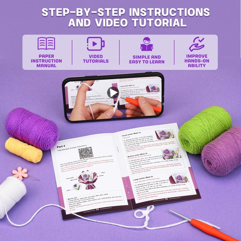 Iuuidu Crochet Kit for Beginners, Flower Bouquet Crochet Kit, Crochet Starter Kits with Step-by-Step Video Tutorials and Hook for Adults DIY Craft Birthday Wedding Present, Home Decor - Image 3