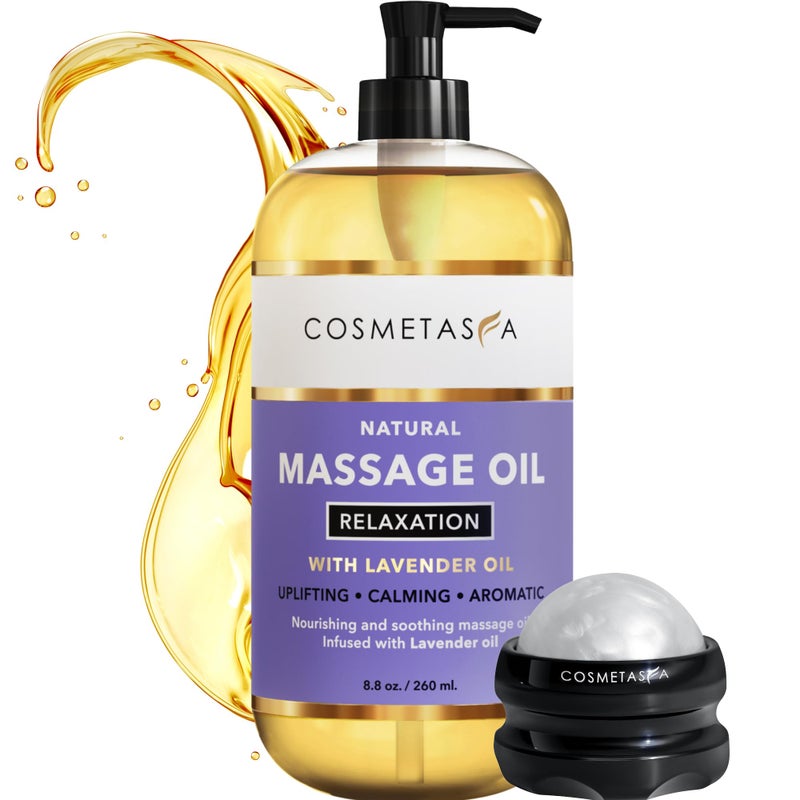 Cosmetasa Lavender Relaxation Massage Oil with Massage Roller Ball No Stain 100 Natural Blend of Spa Quality Oils for Calming Aromatic Soothing Massage Therapy