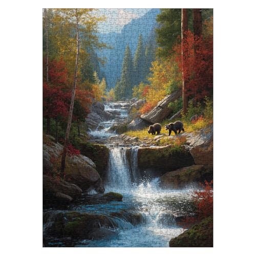 Larkipuzz Autumn Waterfall Landscape Puzzles for Adults 1000 Pieces Nature Forest Mountain Scenic Jigsaw Puzzle Challenging Fall Plant Tree River Bear Puzzle - Image 1