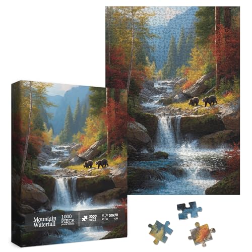 Larkipuzz Autumn Waterfall Landscape Puzzles for Adults 1000 Pieces Nature Forest Mountain Scenic Jigsaw Puzzle Challenging Fall Plant Tree River Bear Puzzle - Image 5