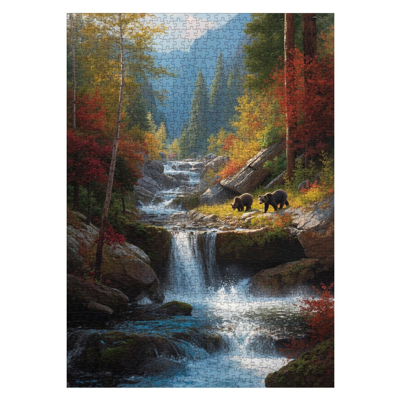 Larkipuzz Autumn Waterfall Landscape Puzzles for Adults 1000 Pieces Nature Forest Mountain Scenic Jigsaw Puzzle Challenging Fall Plant Tree River Bear Puzzle - Image 3