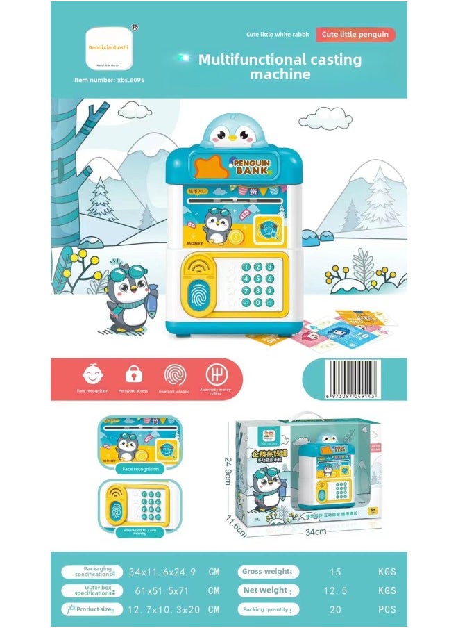 Generic - Moe Fun White Rabbit Penguin Multifunctional Fingerprint Unlock Coin Machine Face Recognition Piggy Bank Password Access Toy-Color:6096 Penguin Piggy Bank - Image 1