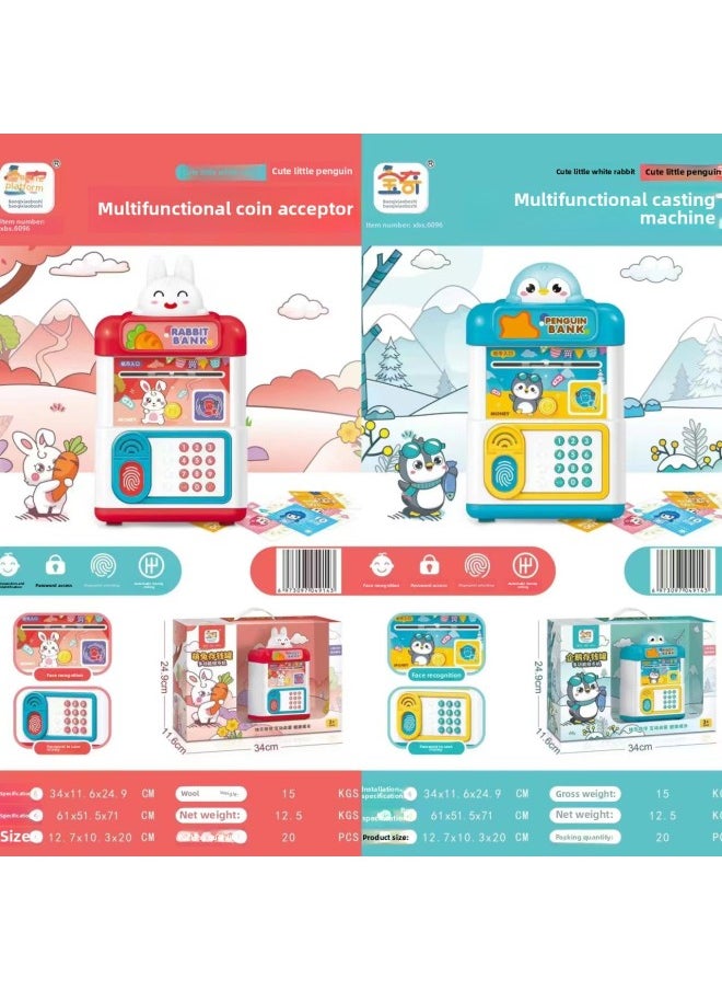 Generic - Moe Fun White Rabbit Penguin Multifunctional Fingerprint Unlock Coin Machine Face Recognition Piggy Bank Password Access Toy-Color:6096 Penguin Piggy Bank - Image 1