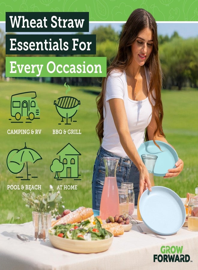 Grow Forward Premium Wheat Straw Plates and Bowls Sets - 8-Piece Wheat Straw Dinnerware Sets - Unbreakable & Reusable Microwave Safe Plastic Dinner Plates for Outdoors, RV, Camping Dishes - Seascape - Image 2