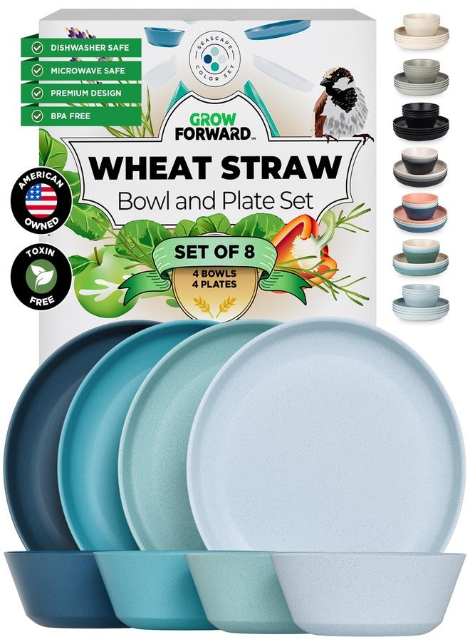 Grow Forward Premium Wheat Straw Plates and Bowls Sets - 8-Piece Wheat Straw Dinnerware Sets - Unbreakable & Reusable Microwave Safe Plastic Dinner Plates for Outdoors, RV, Camping Dishes - Seascape - Image 1