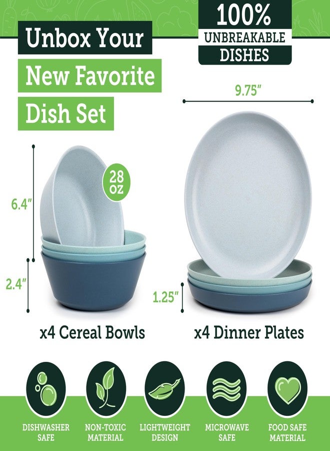 Grow Forward Premium Wheat Straw Plates and Bowls Sets - 8-Piece Wheat Straw Dinnerware Sets - Unbreakable & Reusable Microwave Safe Plastic Dinner Plates for Outdoors, RV, Camping Dishes - Seascape - Image 3