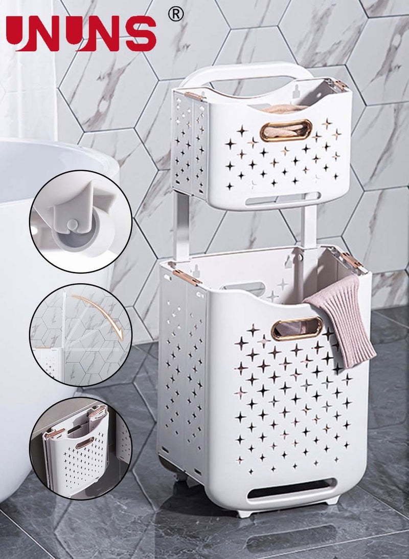 UNUNS 2-Layer Laundry Basket Bathroom Removable Clothes Storage Basket With Wheels Foldable Household Simple Shelf For Bathroom Kitchen Living Room - Image 1