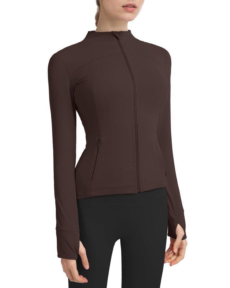 Locachy Women's Slim Fit Full Zip Athletic Running Sports Workout Jacket with Thumb Holes 01 Coffee XL - Image 1