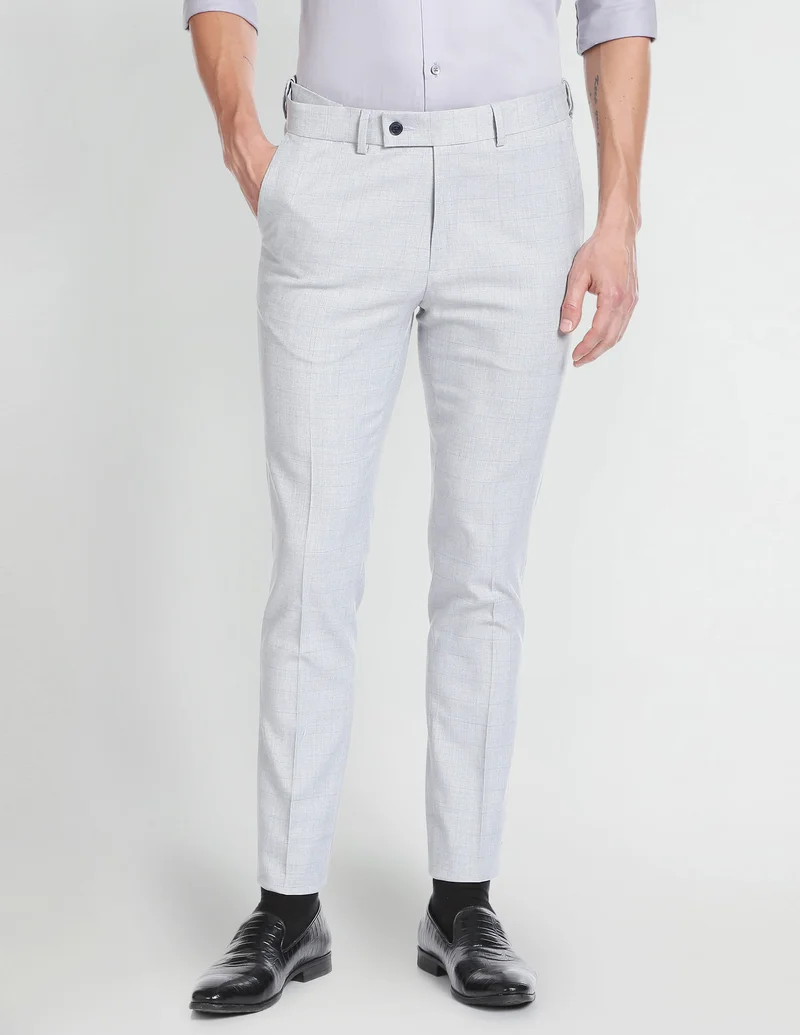 Arrow Light Grey Super Slim Autoflex Checked Trousers for Men | Best Price UAE