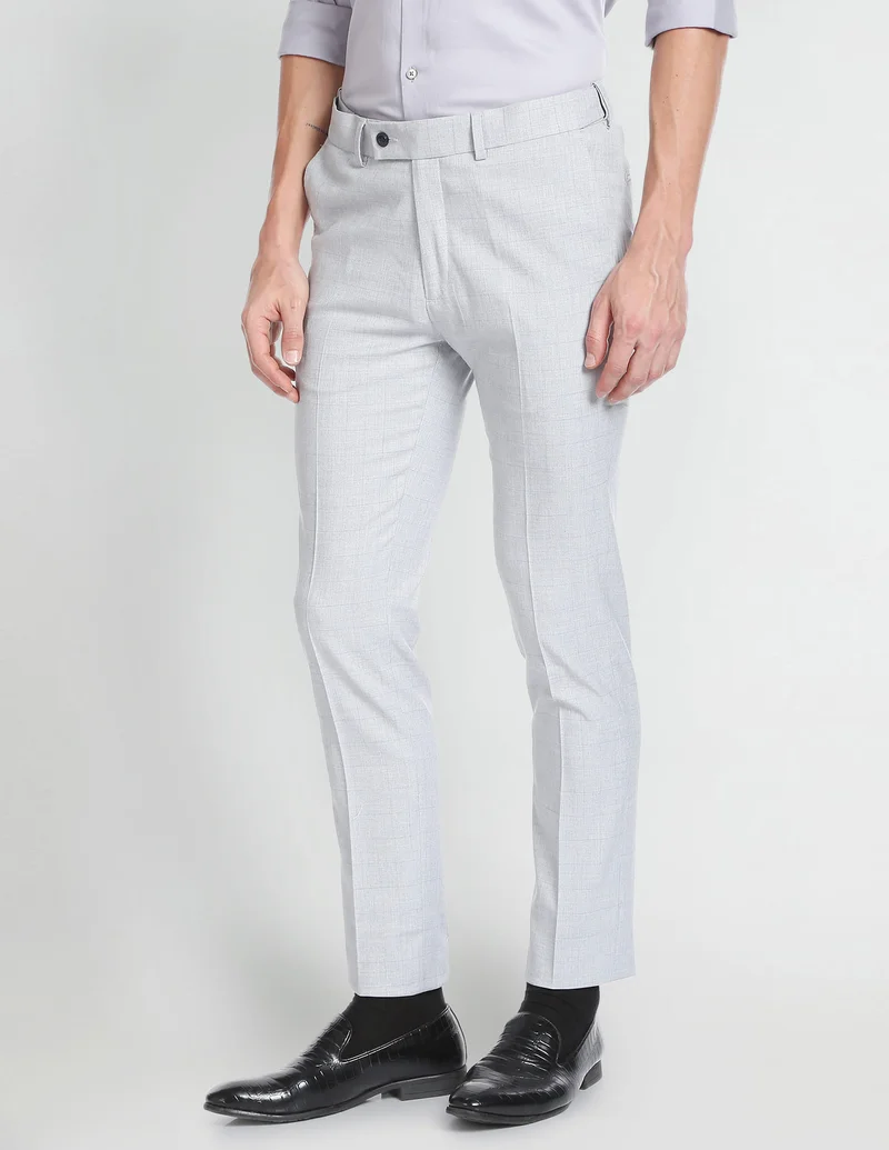 Arrow Light Grey Super Slim Autoflex Checked Trousers for Men | Best Price UAE