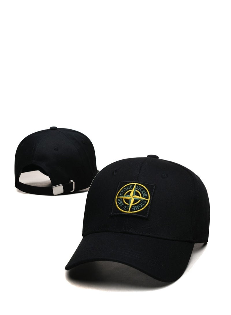 Stone Island Black Dad Hat: Compass Logo Patch  Adjustable Strap