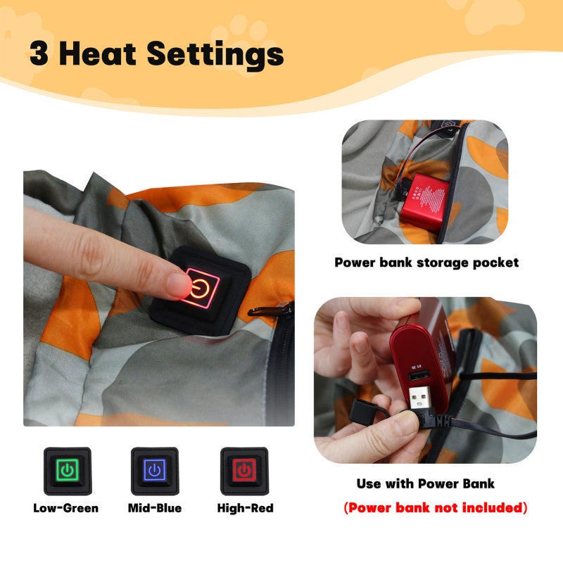 Heated Dog Sleeping Bag: 3 Adjustable Temperature Levels, Portable With Stuff Sack, Easy-to-use Zipper & Hook-and-loop - Orange & Grey for Outdoor Camping, Hiking, Travel & Pet Puppies - Image 5