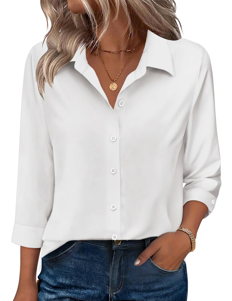Zeagoo White Button Down Shirt Womens Blouse Dressy Casual Business Work 3/4 Sleeve Tops V Neck Spring Fashion Clothes - Image 1