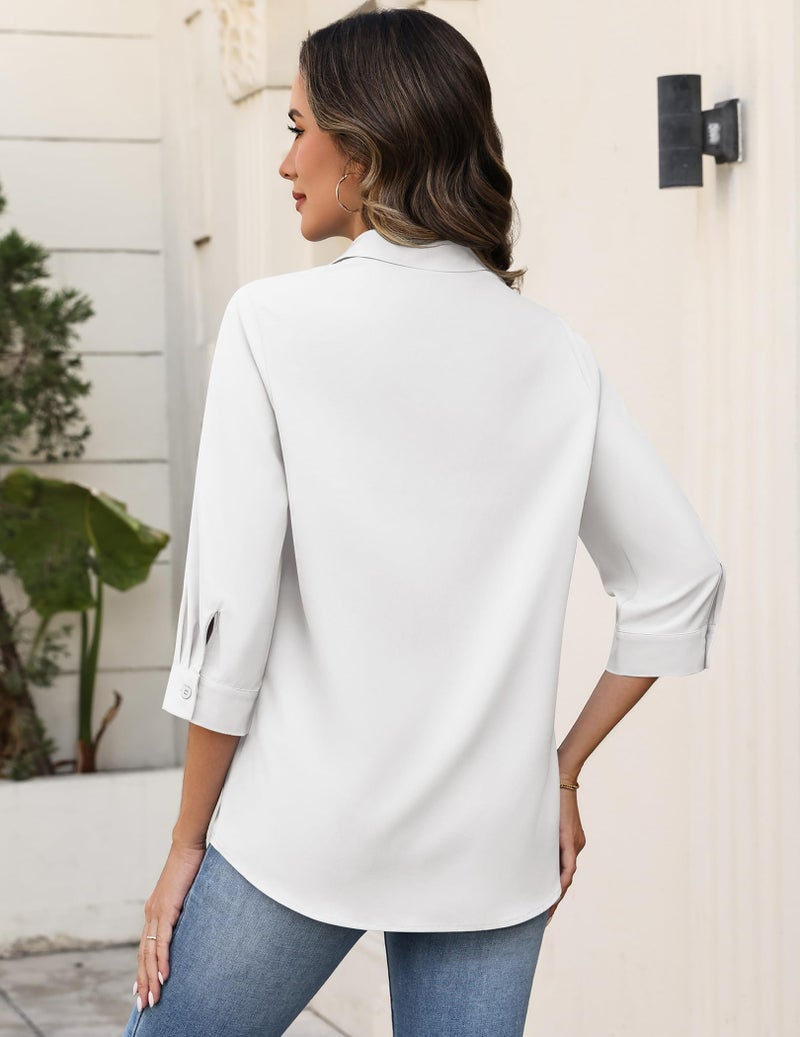Zeagoo White Button Down Shirt Womens Blouse Dressy Casual Business Work 3/4 Sleeve Tops V Neck Spring Fashion Clothes - Image 5